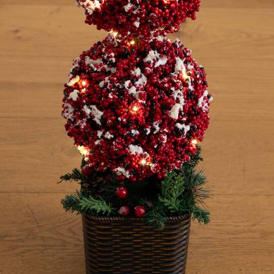 Nearly Natural 31" Artificial Christmas Snowed Holly Berry Triple Ball Topiary Tree in Decorative Planter